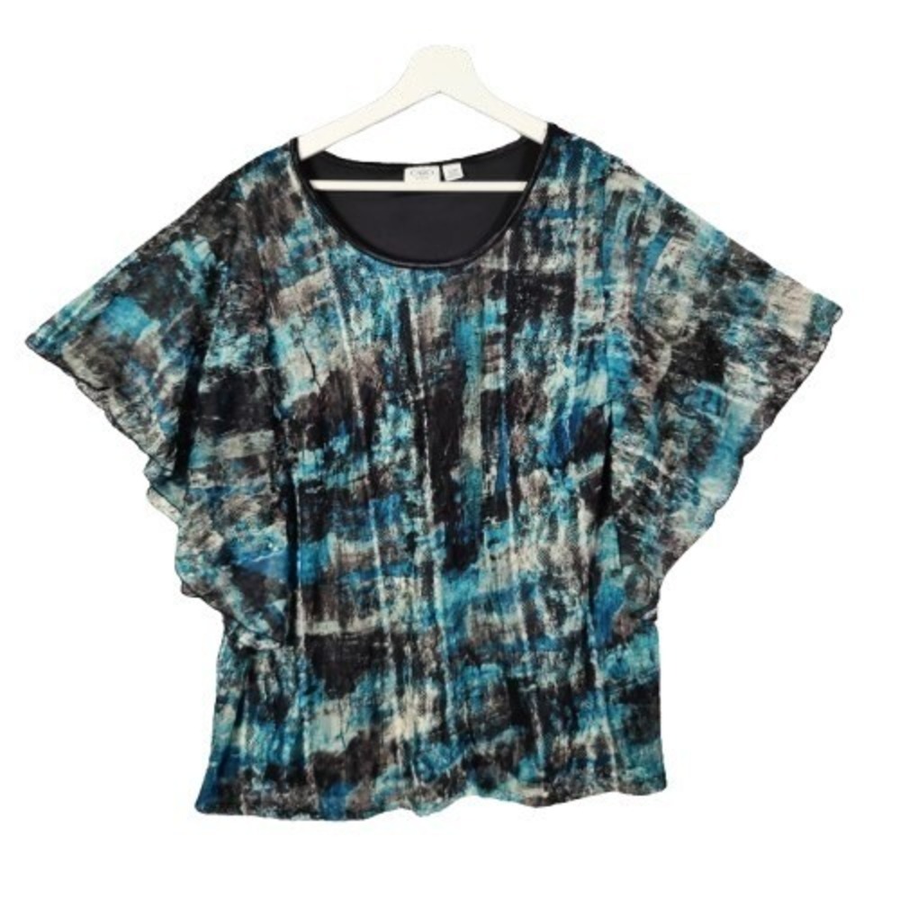 Cato Women Flowy Artistic Flutter Sleeve Top 14/16W Blue Black Abstract Lace